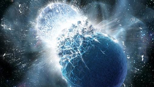 Imagen en la que se representa un choque de estrellas de neutrones, objetos extremadamente densos