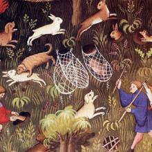 Representación de la caza de conejos utilizando perros, hurones con bozal y redes, de Gaston Phoebus (1388), Libro de caza