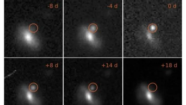 Imágenes de una de las 72 inexplicables explosiones de estrellas detectadas por los astrónomos. A diferencia de una supernova "normal", en este caso el brillo apenas duró 18 días