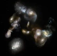 Un grupo de galaxias fusionándose y en interacción en el universo temprano