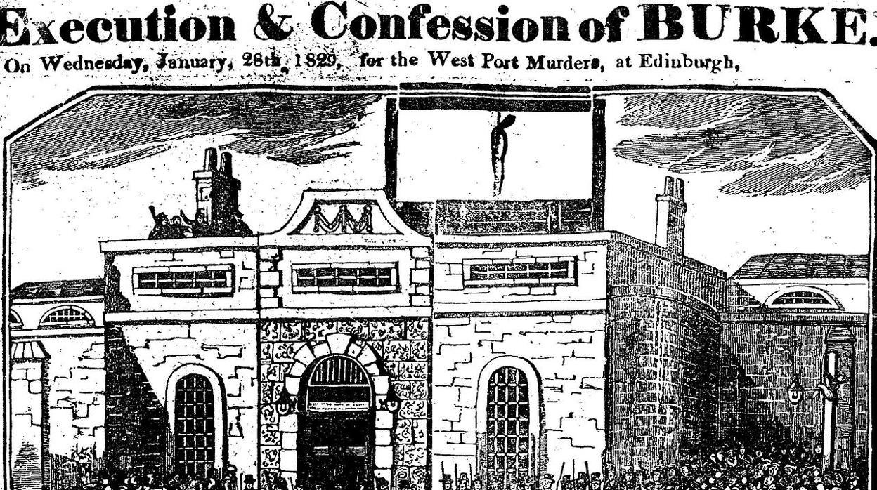 Ejecución de William Burke en Lawnmarket, Edinburgh, el 28 de enero de 1829. Imagen de un periódico de la época