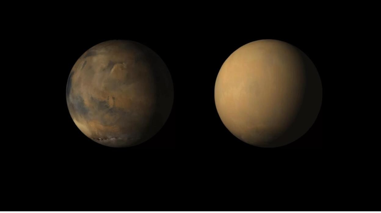 Marte, visto por la Mars Reconnaisance Orbiter, durante y después de la enorme tormenta que envolvió todo el planeta en una nube de polvo