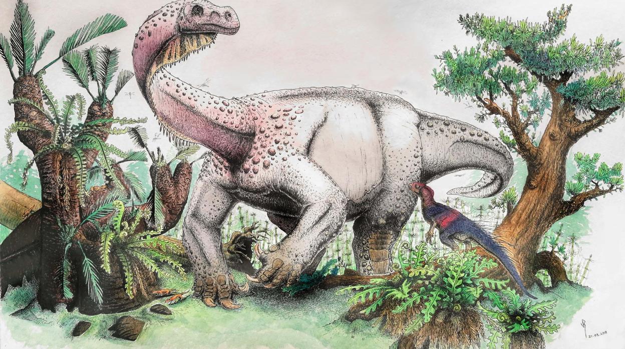 Recreación artística del gigantesco Ledumahadi mafube. En primer plano, otro dinosaurio sudafricano, Heterodontosaurus tucki