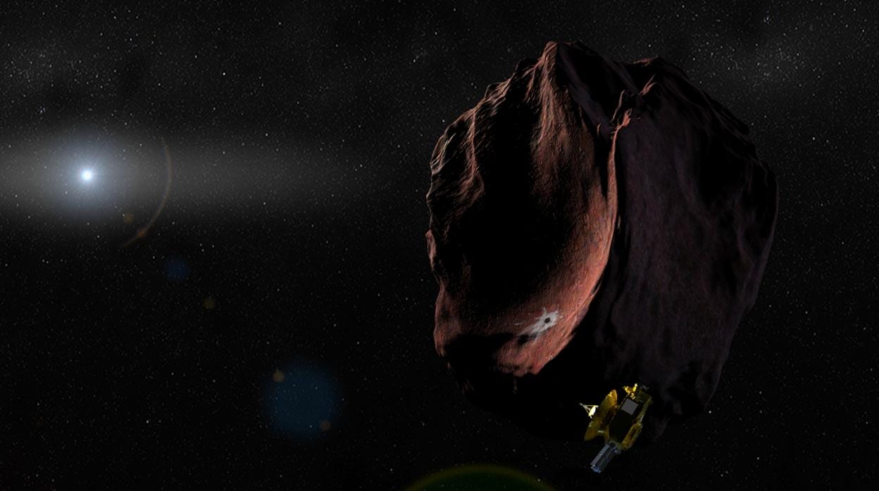 Representación de la sonda New Horizons pasando a poca distancia de Ultima Thule