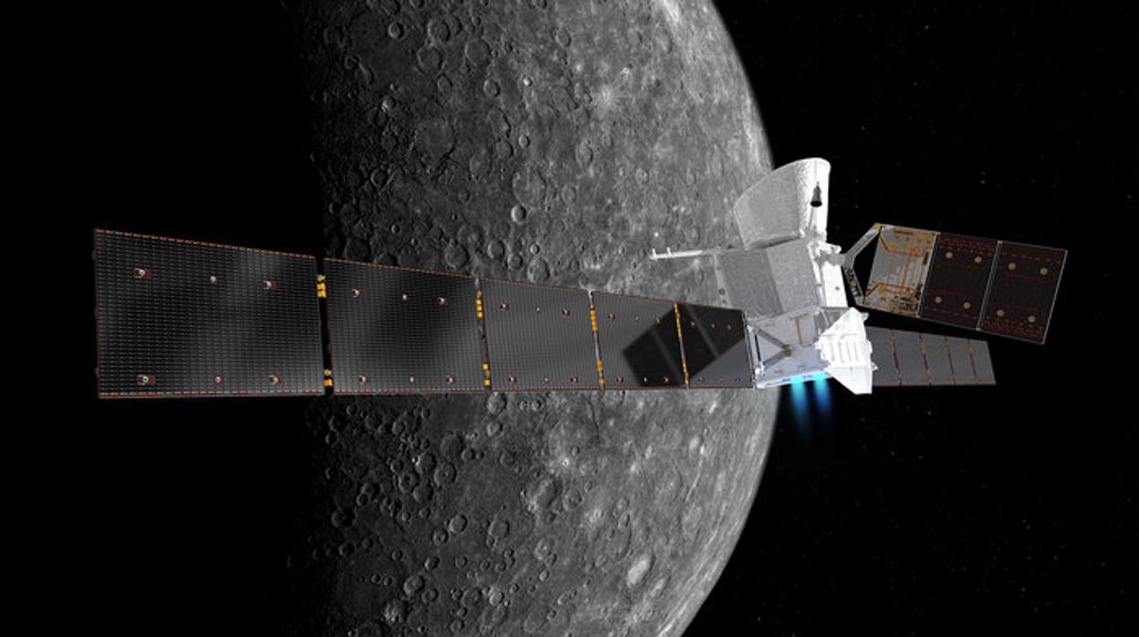 Representación de la nave BepiColombo a su llegada a Mercurio, en el año 2025