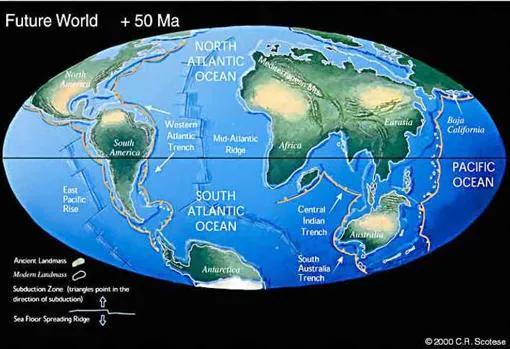 Simulación del aspecto del mundo dentro de 50 millones de años. El Atlántico se ha ensanchado y el Mediterráneo ha desaparecido