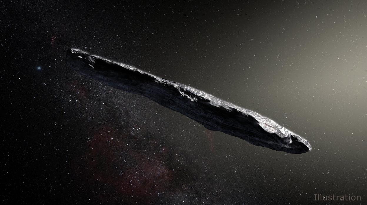 Recreación artística de Oumuamua mientras se paseaba por el Sistema solar tras su descubrimiento en octubre de 2017