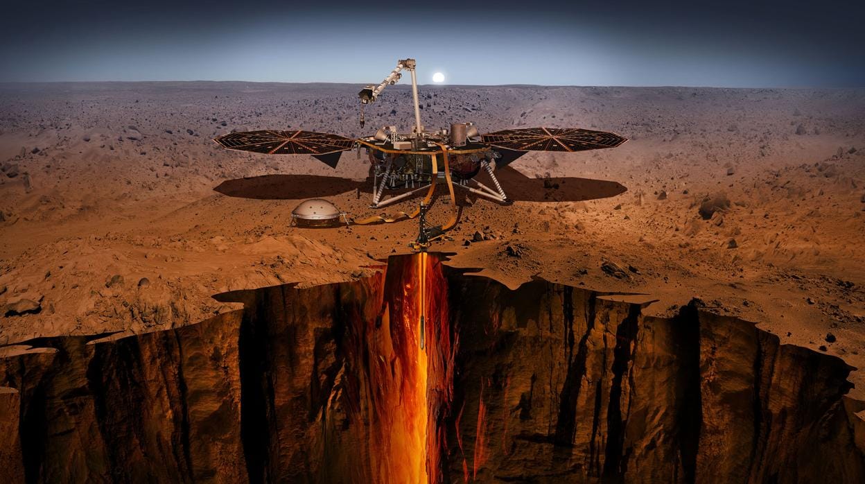 Representación artística del «Insight» desplegado sobre la tierra de Marte