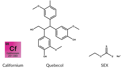 Californio (Cf), Quebecol (molécula presente en el sirope de arce), SEX (siglas en inglés para etil xantato de sodio y que también significa ‘sexo’)