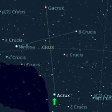 Constelación de La Cruz del Sur. La flecha verde señala la estrella Acrux
