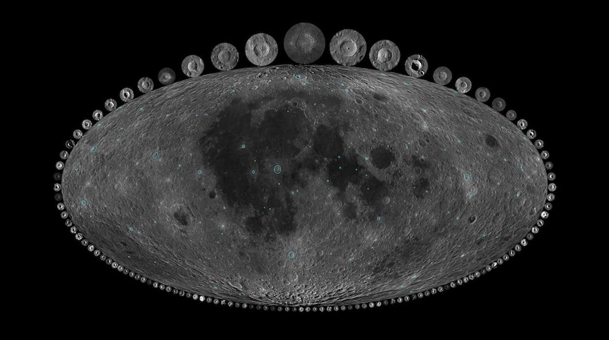 Los cráteres de impacto de la Luna revelan que el número de colisiones de asteroides se incrementó de forma dramática durante los últimos 300 millones de años. En la imagen, todos los cráteres de impacto de la Luna mayores de 10 km durante los últimos mil millones de años