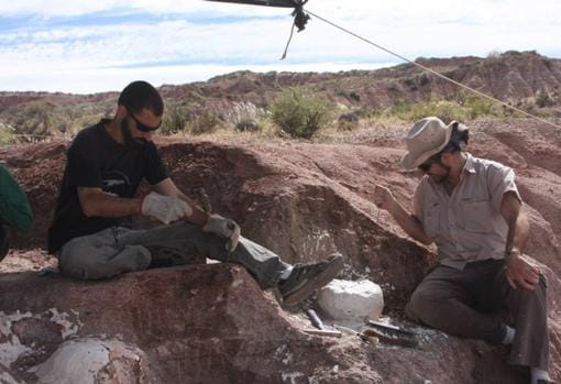 Los investigadores Pablo Gallina y Juan Ignacio Canale trabajando en la excavación