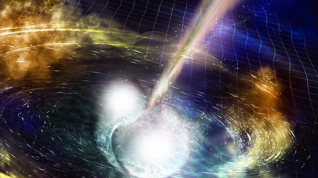 Representación de la fusión de dos estrellas de neutrones, creando ondas gravitacionales