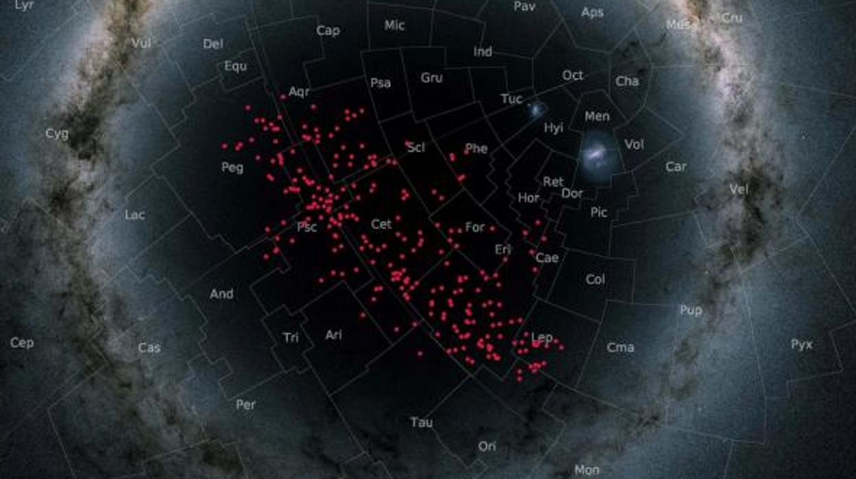 En la imagen, una proyección estereográfica de la Vía Láctea, las estrellas del «río» (en rojo), cubren una buena parte del cielo del hemisferio sur