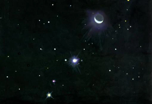 Pintura de Paul Olsen, mostrando los dos planetas que más influyen en la órbita de la Tierra. De abajo a arriba, Júpiter, Marte y la Luna