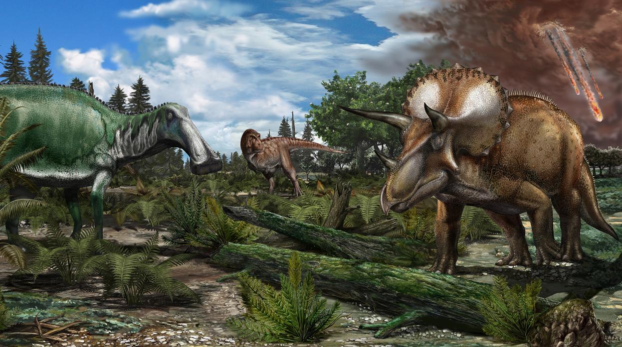 Dinosaurios como Tyrannosaurus rex , Edmontosaurus y Triceratops en una llanura de América del Norte hace 66 millones de años