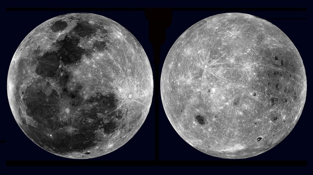 Imagen de las dos caras de la Luna: a la izquierda la visible desde la Tierra; a la derecha la que se oculta a nuestros ojos