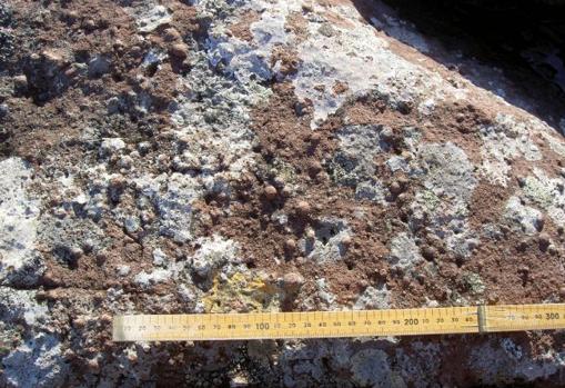 Detalle de unas esférulas, unas bolas formadas en el impacto y halladas en las rocas