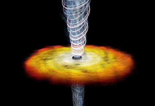 Representación de un cuásar, un núcleo galáctico que engulle gas y produce violentos chorros de materia y energía