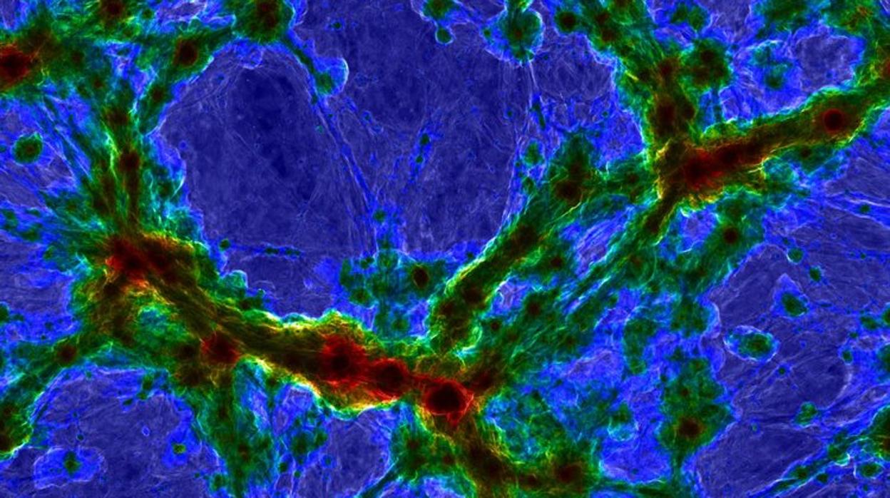 Simulación de un cúmulo de galaxias. Los centros galácticos, en rojo, están más calientes. Las partes brillantes corresponden a halos de gas difuso