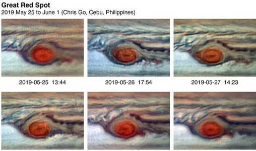 Una serie (falsa de color) de imágenes que capturan el repetido desprendimiento de nubes rojas de la gran mancha en la primavera de 2019.