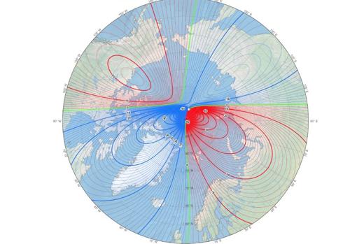 Situación del polo norte magnético en 2020
