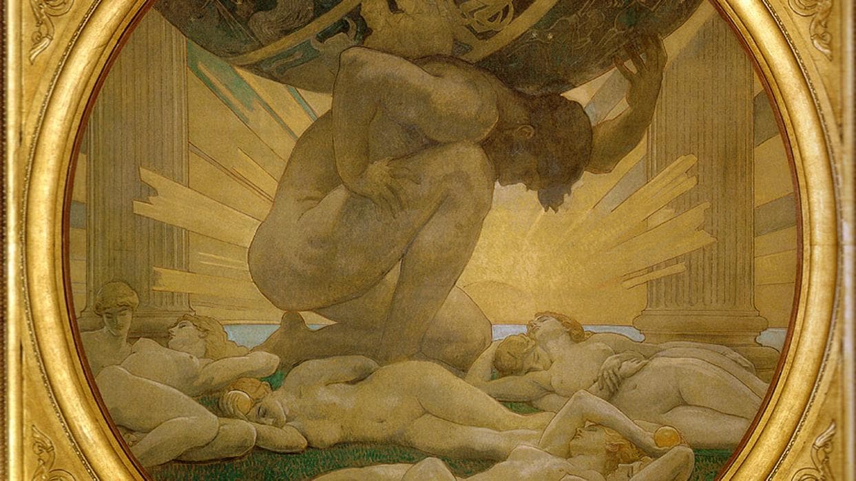 Representación del Titán Atlas, condenado a sostener el cielo, junto a sus hijas, las Hespérides
