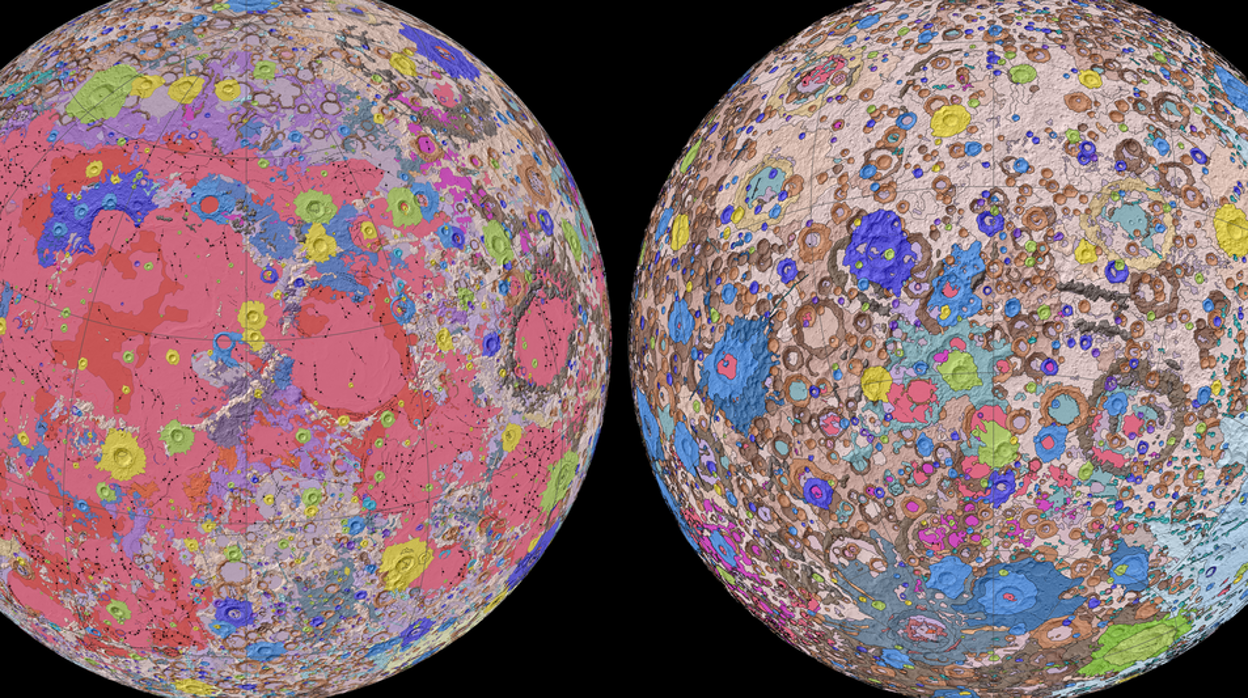 Proyecciones nuevo mapa de la Luna que muestran la geología del lado cercano (izquierda) y del lado lejano (derecha) de la Luna