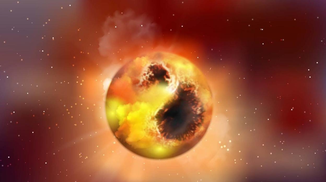 Representación de grandes manchas solares cubriendo la superficie de la estrella, que se caracteriza por sufrir pulsaciones y expulsar polvo al entorno