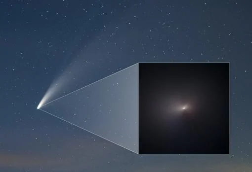 Esta imagen terrestre del cometa C / 2020 F3 (NEOWISE) fue tomada del hemisferio norte el 16 de julio de 2020. La imagen insertada, tomada por el Telescopio Espacial Hubble el 8 de agosto de 2020, revela un primer plano del cometa después de su paso por el sol. La imagen del Hubble se centra en el núcleo del cometa, que es demasiado pequeño para ser visto. Se estima que no mide más de 4,8 kilómetros (3 millas) de ancho. En cambio, la imagen muestra una parte de la coma del cometa, el resplandor difuso, que mide aproximadamente 11.000 millas (18.000 kilómetros) de ancho en esta imagen. El cometa NEOWISE no atravesará el sistema solar interior hasta dentro de casi 7.000 años