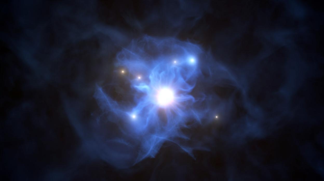 Esta reproducción artística muestra el agujero negro central y las galaxias atrapadas en su red de gas