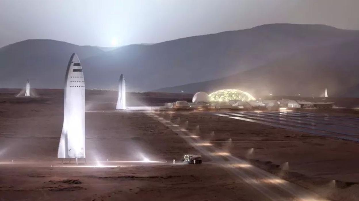 Ilustración de vehículos SpaceX Starship en la superficie de Marte