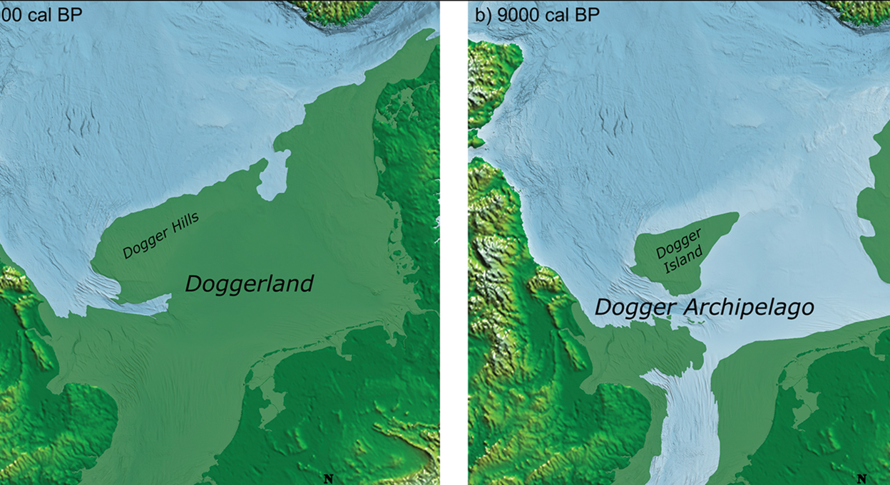 El gráfico muestra, de arriba abajo y de izquierda a derecha, la vasta llanura de Doggerland que unía Gran Bretaña con Europa hace 10.000 años; el fin de la edad de hielo eleva el nivel del mar, de forma que hace 9.000 años ya solo quedaba un pequeño archipiélago; hace 8.200 años un tsunami sumerge las islas casi por completo; finalmente, hace 7.000 años, todo Doggerland queda bajo las aguas