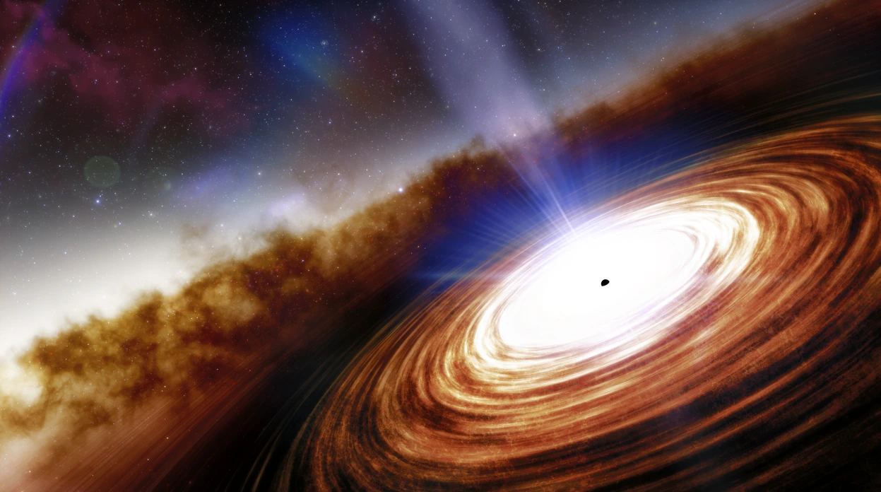 Recreación del cuásar J0313-1806 que muestra el agujero negro supermasivo y el viento de velocidad extremadamente alta
