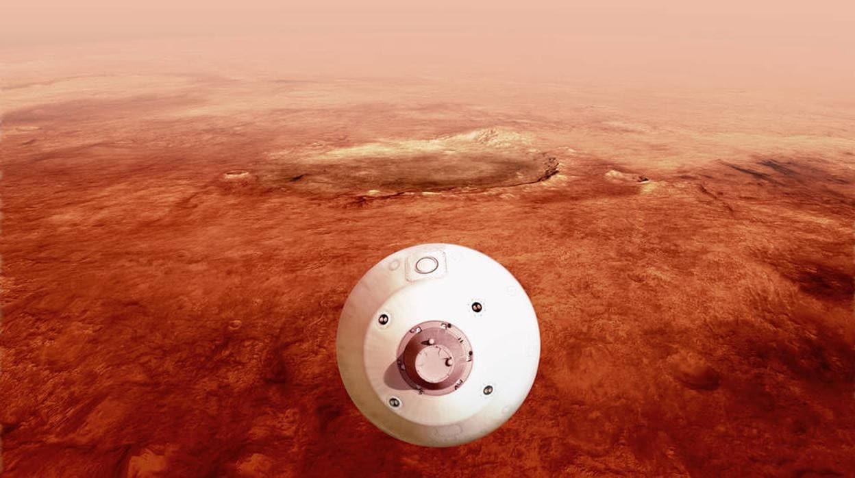Ilustración de la nave que contiene el rover 'Perseverance' de la NASA durante su descenso a la superficie marciana