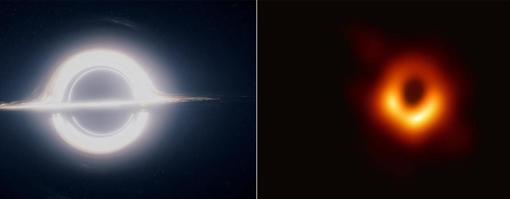 A la izquierda, el agujero negro de la película 'interestellar'. A la derecha, la primera imagen de un agujero negro real