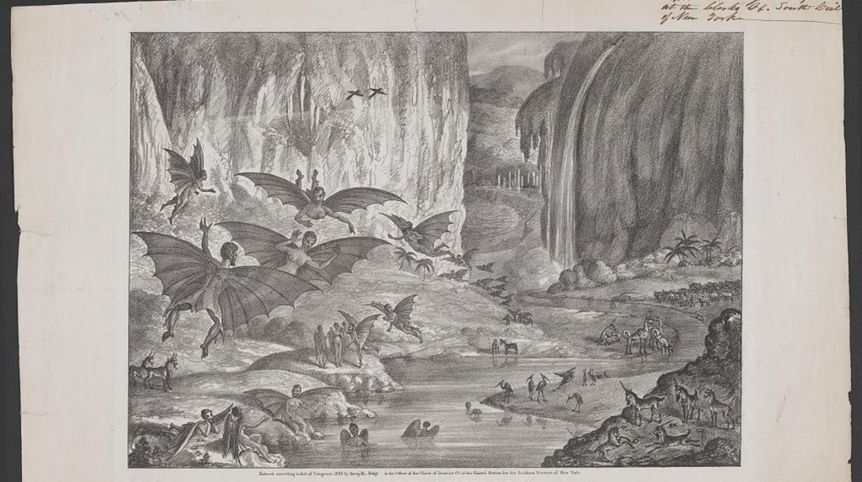 Animales lunares descubiertos por Sir John Herschel en su observatorio en el Cabo de Buena Esperanza y copiados de bocetos en el Edinburgh Journal of Science