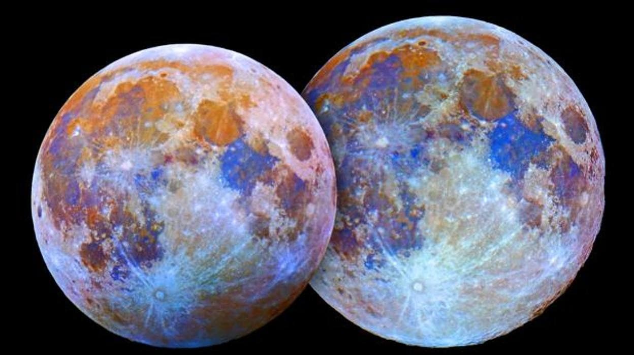 Tamaños aparentes de la SuperLuna del 10 agosto 2014 (derecha) y la Luna llena del 18 octubre 2013 (izquierda)