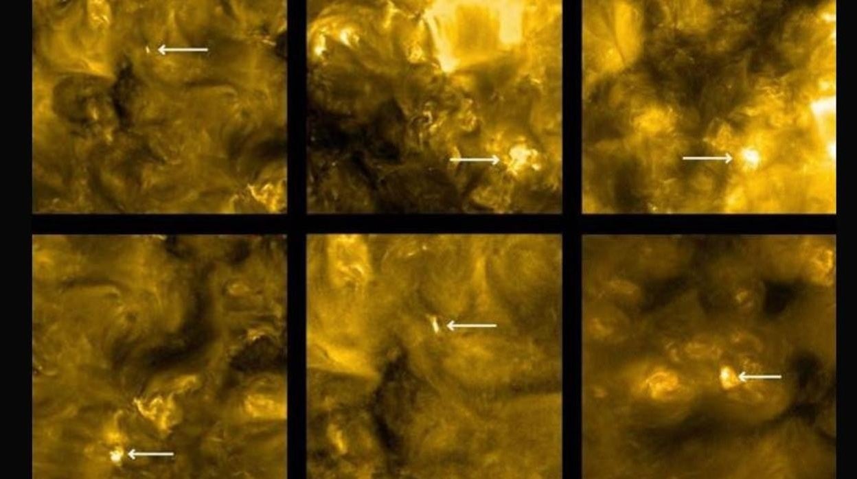 Las imágenes tomadas por la Solar Orbiter de la superficie solar muestran las pequeñas 'hogueras' (señaladas por las flechas)