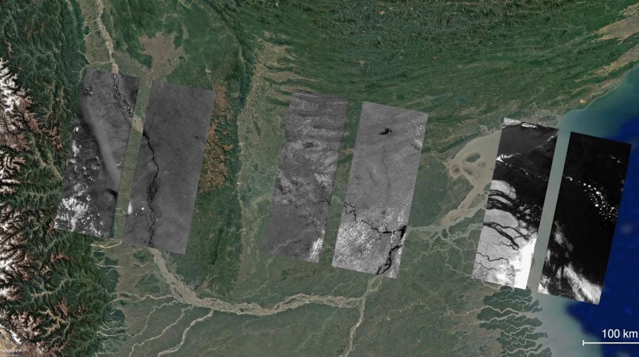 Imágenes obtenidas por la cámara infrarroja DRAGO (escala de grises) sobre una imagen en color de Google Earth de la región del Delta del Ganges