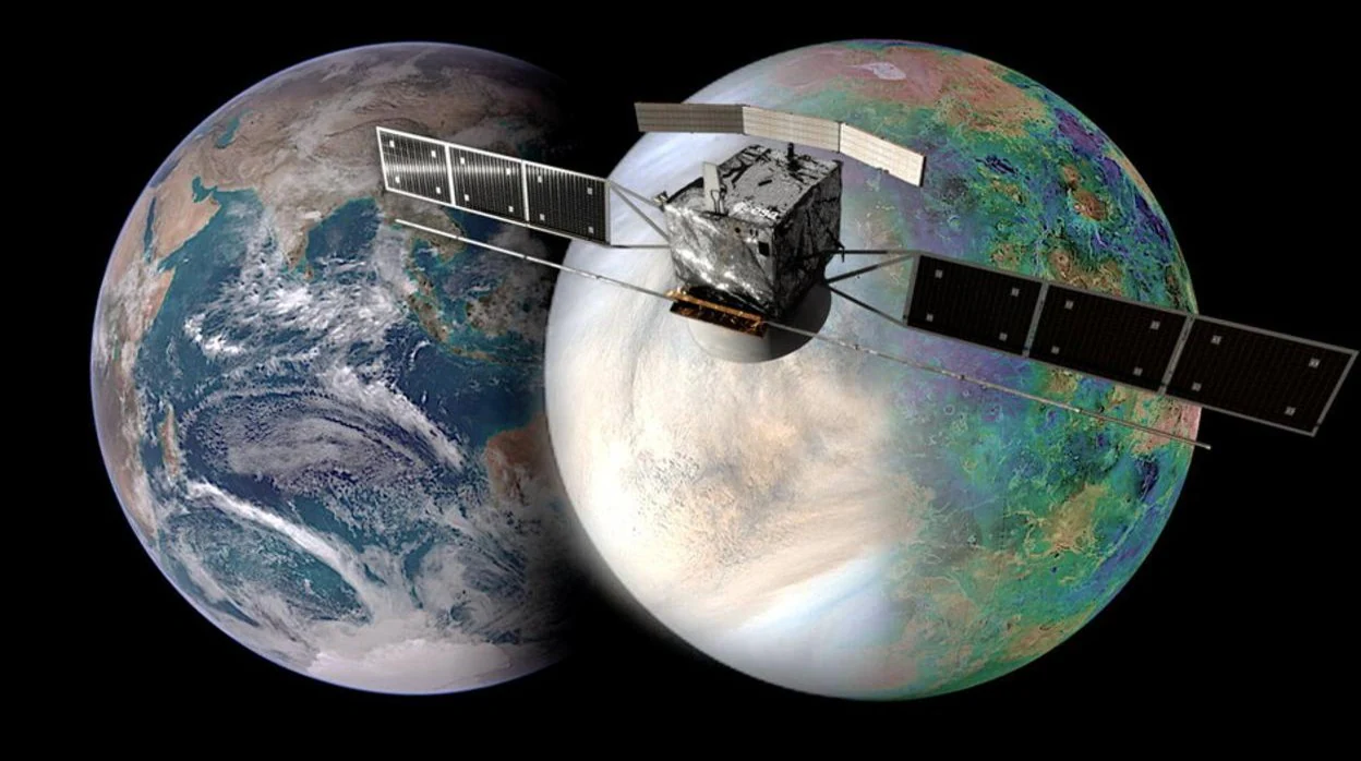 Ilustración de Venus y la Tierra junto a un primer plano de la futura sonda EnVision