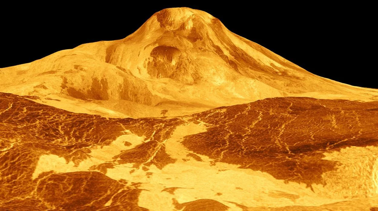 Maat Mons, un gran volcán en Venus, en una imagen de radar de color simulado de la nave Magellan de la NASA en 1991
