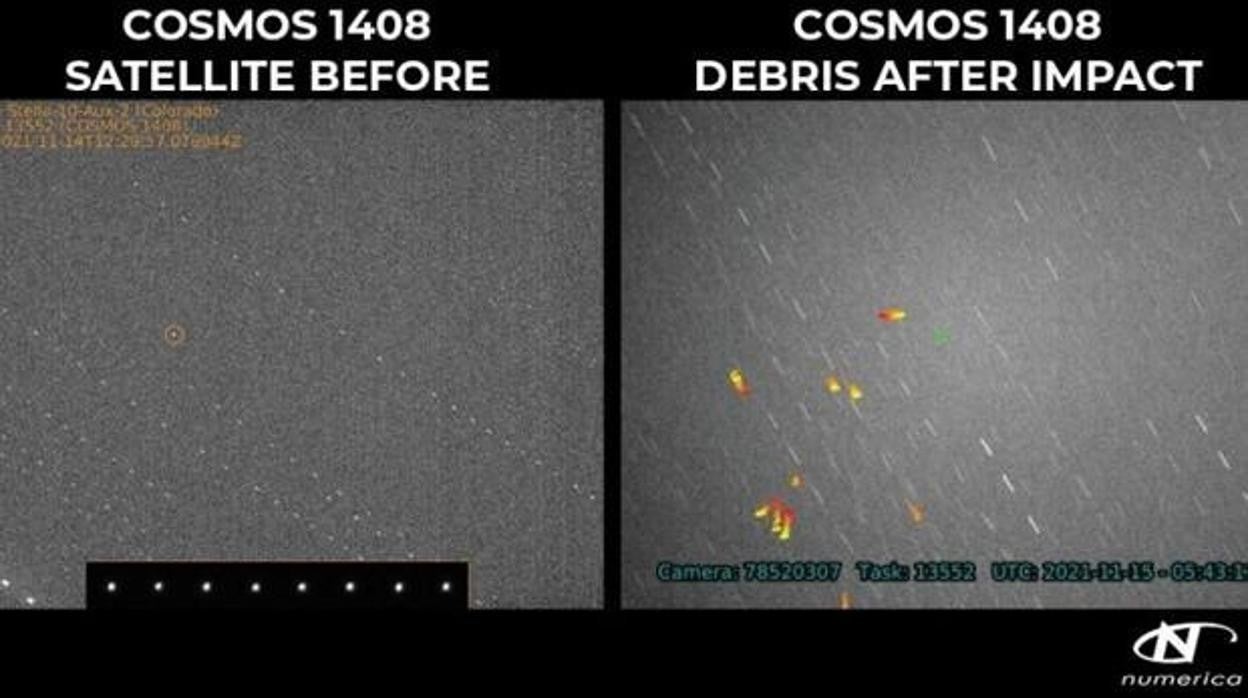 Estas imágenes de radar de la Corporación Numerica muestran el satélite Cosmos 1408 antes (izquierda) y después del impacto de una prueba antisatélite rusa el 15 de noviembre de 2021