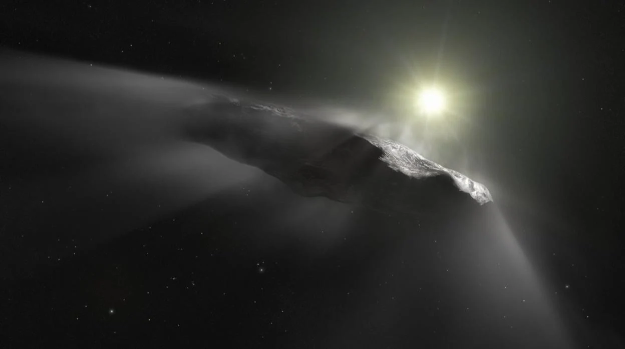 En la ilustración, Oumuamua, el primer objeto interestelar detectado por el hombre, a su paso por el Sistema Solar