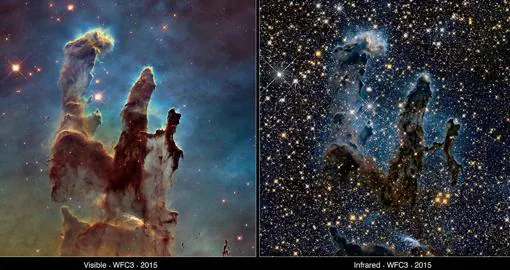 A la izquierda, los `Pilares de la Creación´ en luz visible, y a la derecha, en infrarrojo. Nótese la cantidad de estrellas que se ven en el infrarrojo