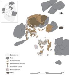 Ilustración que muestra la colocación de cuentas y conchas junto con el cráneo