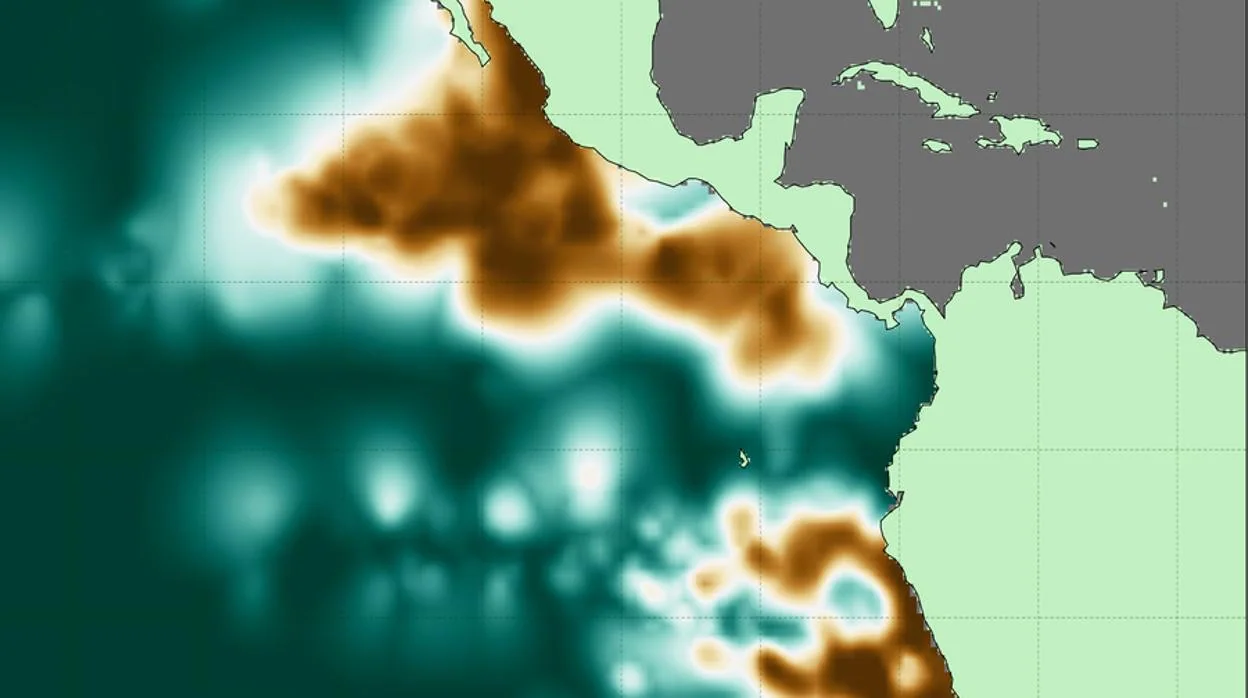Intensidad de la zona deficiente de oxígeno a lo largo del Océano Pacífico oriental, donde los colores cobre representan las ubicaciones de concentraciones de oxígeno consistentemente más bajas y el verde azulado profundo indica regiones sin oxígeno disuelto suficientemente bajo