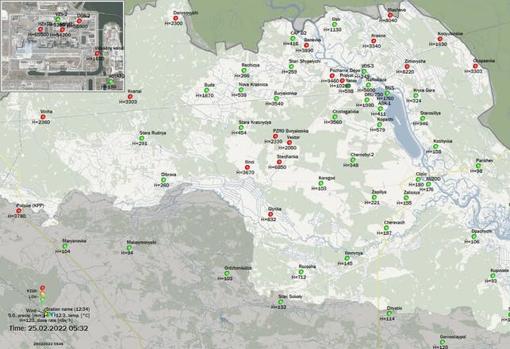 Niveles de radiación (en nanoSv/h) en las diferentes estaciones de medición distribuidas en la Zona de Exclusión de Chernóbil, Ucrania, a la 5:32AM del 25 de febrero de 2022
