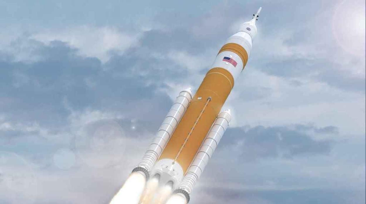 Ilustración del despegue del SLS y la nave Orion del programa Artemis