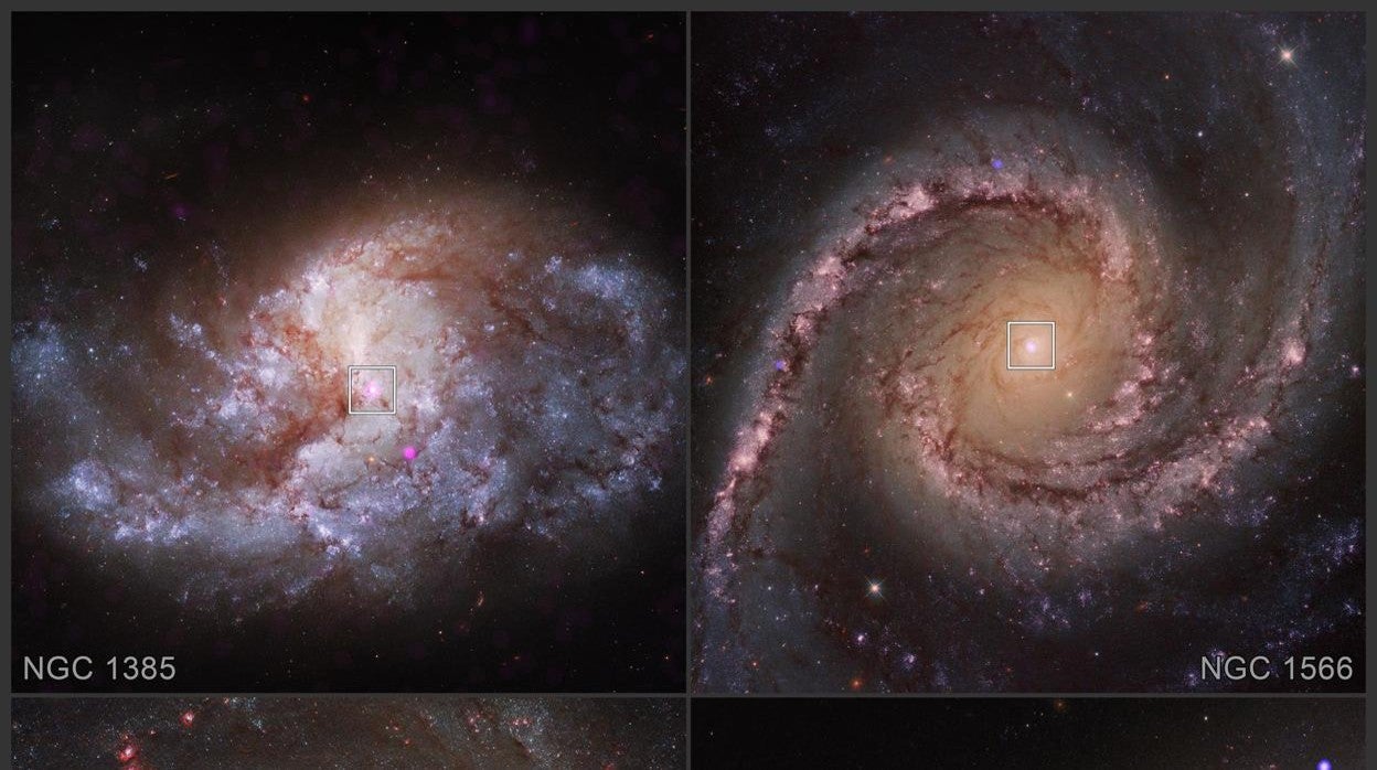 En la imagen, cuatro de las galaxias estudiadas por los investigadores. Las zonas en azul corresponden a imágenes en rayos X del Telescopio Espacial Chandra, que aparecen superpuestas a las imágenes ópticas tomadas por el Telescopio Espacial Hubble. En los recuadros, las zonas investigadas por los astrónomos en busca de agujeros negros en rápido crecimiento